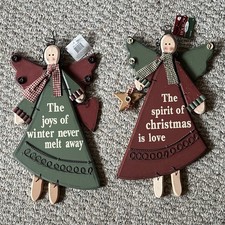 Two Vintage Handcrafted Style Folk Art Wooden Angels Christmas Wall Hanging