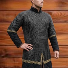 9mm Riveted Flat Ring Chainmail Haubergeon Viking Shirt with Brass Trim for Even