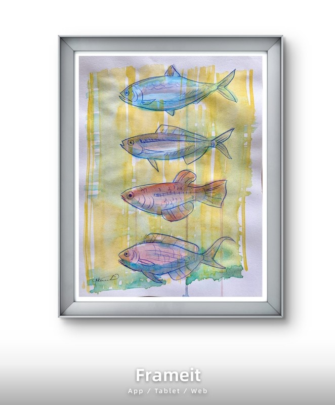 Original Four Fish Yellow Painting By Alannah Dyer- Acrylic 8.5x11 in. Fishing