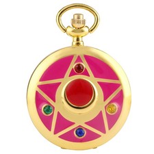 Golden Pentagram Japan Anime Design Women Girl Quartz Pocket Watch Long Chain