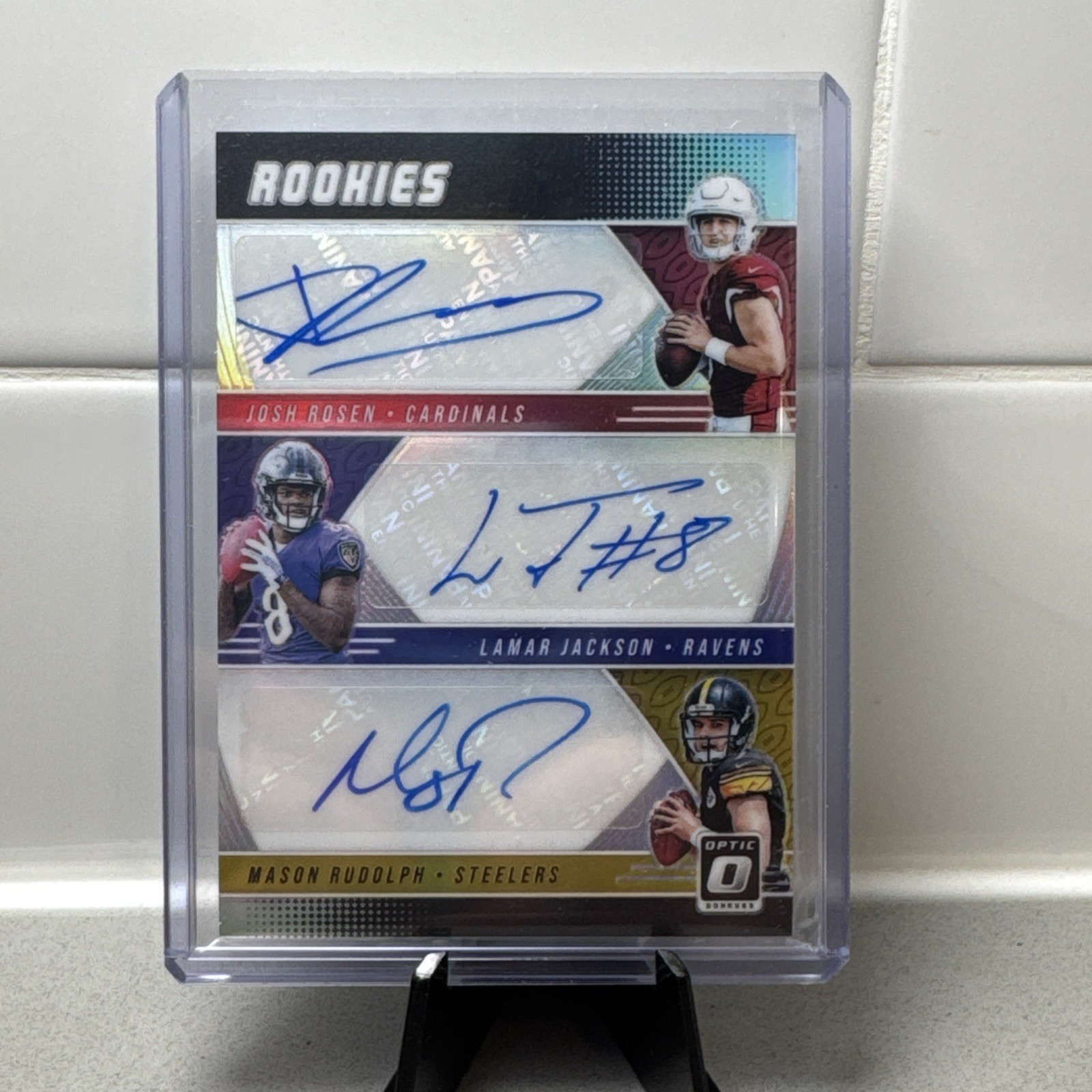 LAMAR JACKSON MASON RUDOLPH JOSH ROSEN 2018 DONRUSS OPTIC RC TRIPLE AUTO SP #1/5