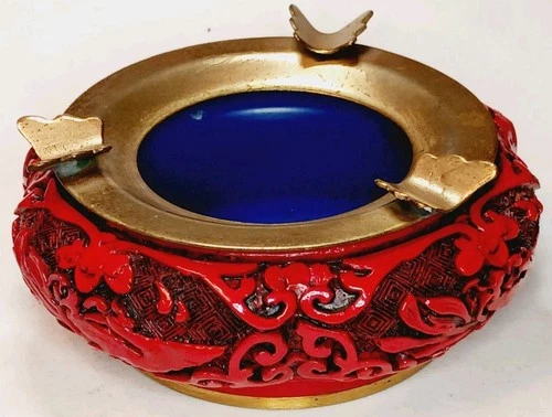 Vintage Cinnabar 4" Ashtray Brass Blue Enamel Lined Chinese Lacquer 3 Cigarette 