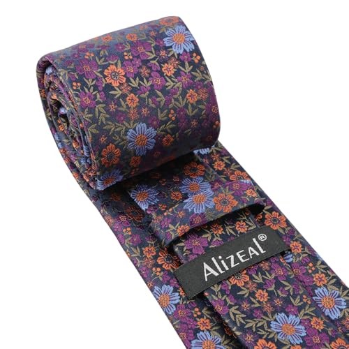 Mens Floral Necktie with Pocket Square for Wedding 129-dark Purple+orange image 2