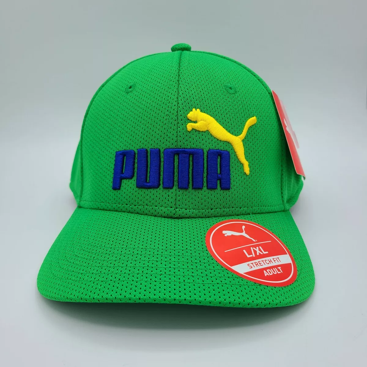 PUMA Hat Baseball Cap Green Brazil Flag Colors Logo Stretch Fit L XL Yellow Cat