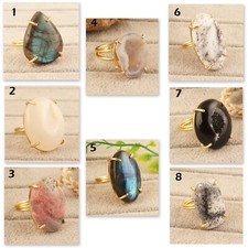 Geode Druzy Labradorite Double Layer Ring Gold Plated Prong Set Adjustable Ring