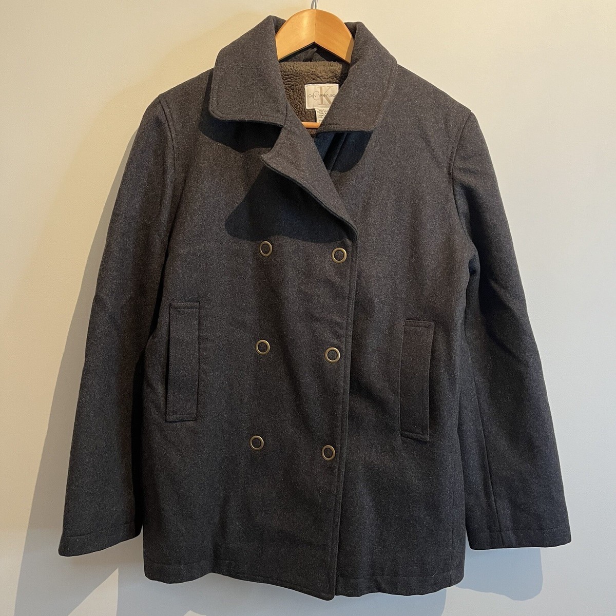 Calvin Klein Pea Coat Wool Size Small Women’s Grey Double Breasted