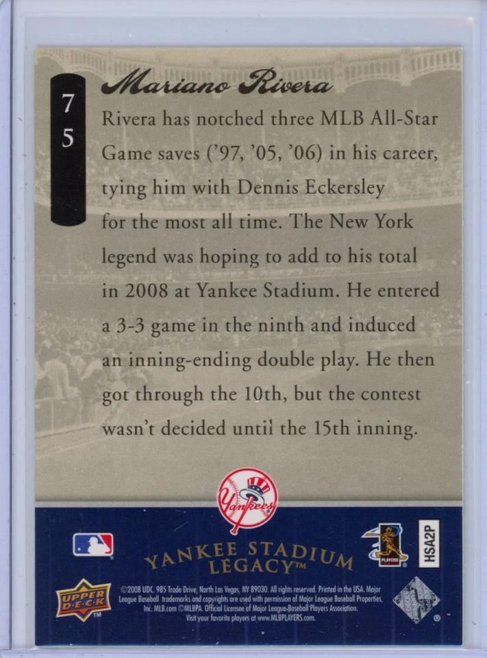 2008 Upper Deck Yankee Stadium Legacy #75 Mariano Rivera Mint - Image 2 of 2