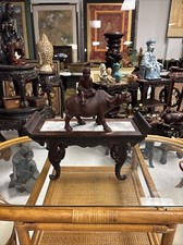 Vintage Asian Carved Wood Boy On Water Buffalo On Stand
