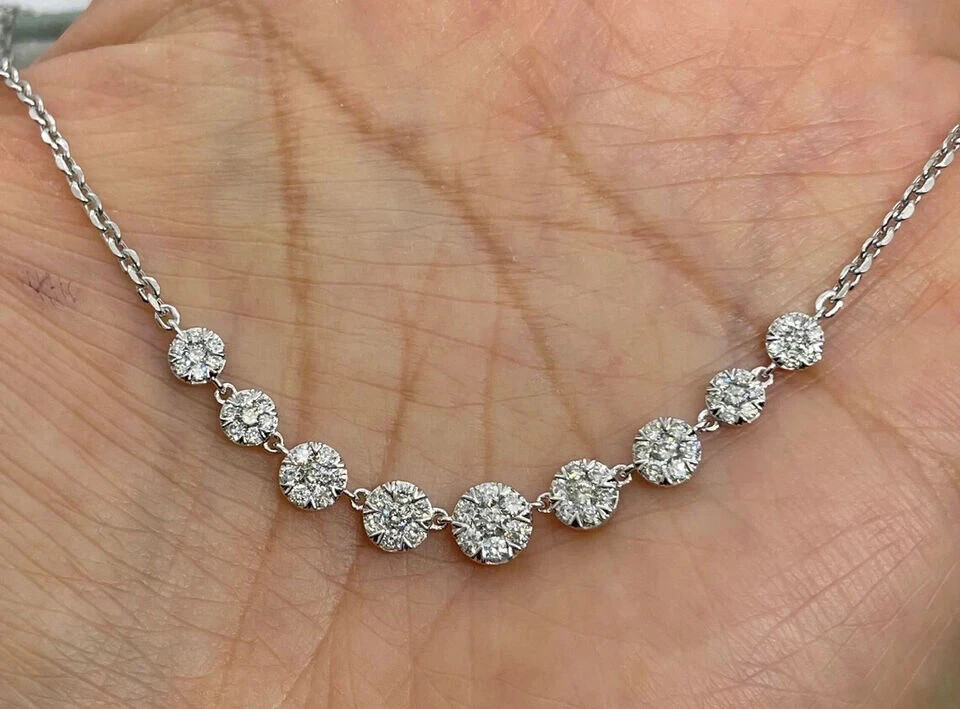 Real Moissanite Choker, 9 Halo 2 Ct Cut Round Necklace 14K White Gold Plated
