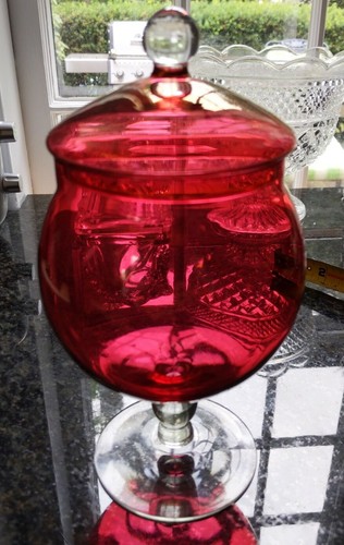 Vtg Empoli Footed Cranberry Flash Glass Apothecary Jar With Top - Picture 2 of 8