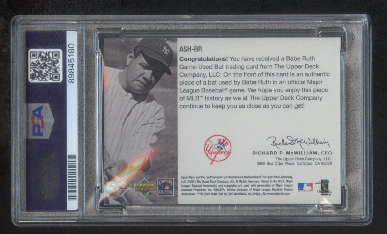 PSA 9 BABE RUTH 2001 UPPER DECK GAME USED BAT SP ALL-STAR HEROES RARE ...