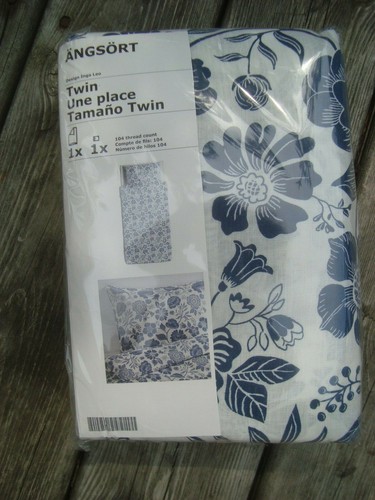 IKEA ANGSORT Duvet Cover & Pillowcase Linen Twin Bed Set White Blue Floral - NEW