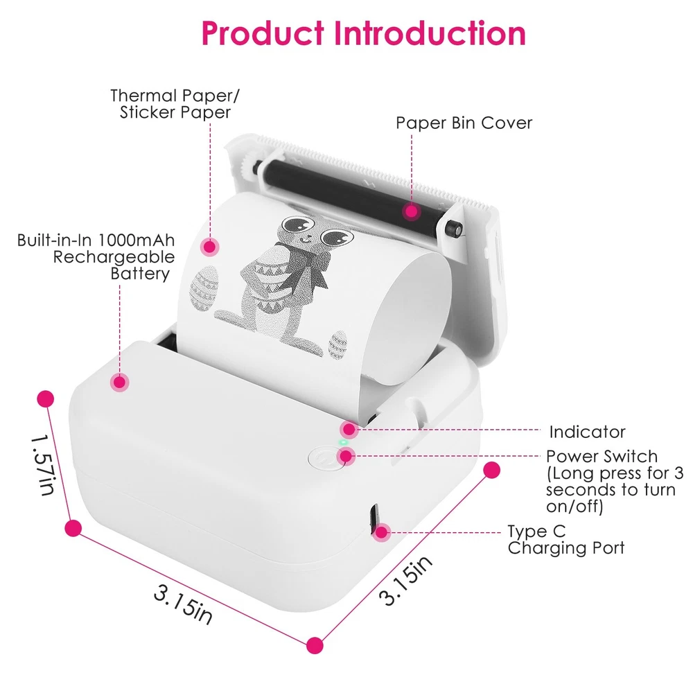 Portable Wireless Thermal Printer for Photo Printing Inkless Pocket Printer with Paper Portable Wireless Thermal Printer for Photo Printing Inkless Pocket Printer with Paper