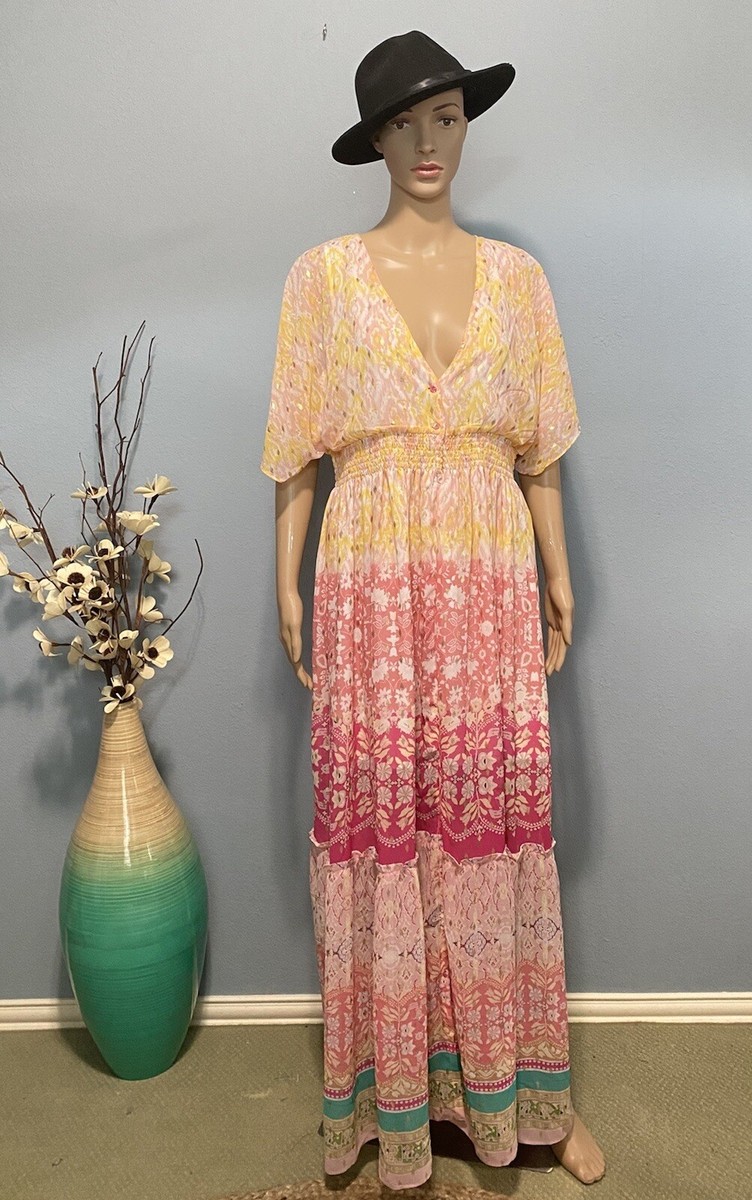 harlow maxi dress yellow floral HOUSE OF HARLOW 1960 FLORAL PEACH MAXI DRESS RUFFLED TIERED METALLIC SIZE M  NWT