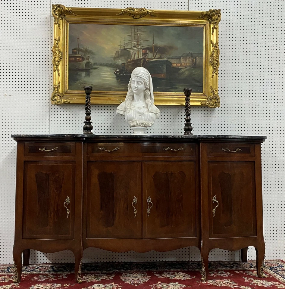 Antiguo aparador buffet serpentino con tapa de mármol de nogal burl francés C1890 Foto 3 de 4