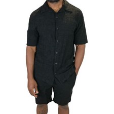Maniere De Voir Mens Co-ord Polo Shirt Shorts Set Black Size Large Cotton Linen