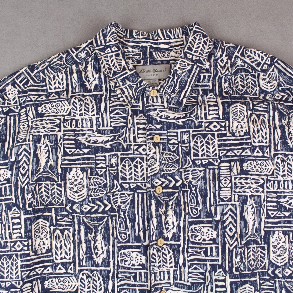 Eddie Bauer Shirt Mens Size XLT Tall Blue Graphic Button Up Linen Blend Hawaiian - Image 2 of 4