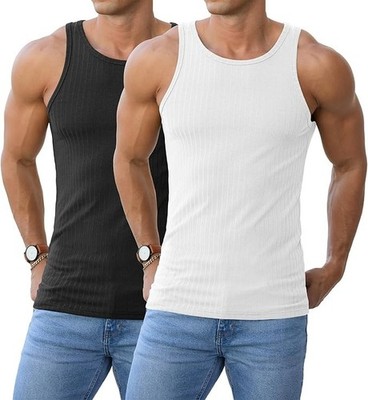 2-Pack Men's Ribbed Tank Top Sleeveless Muscle Shirts Gym White & Black Medium