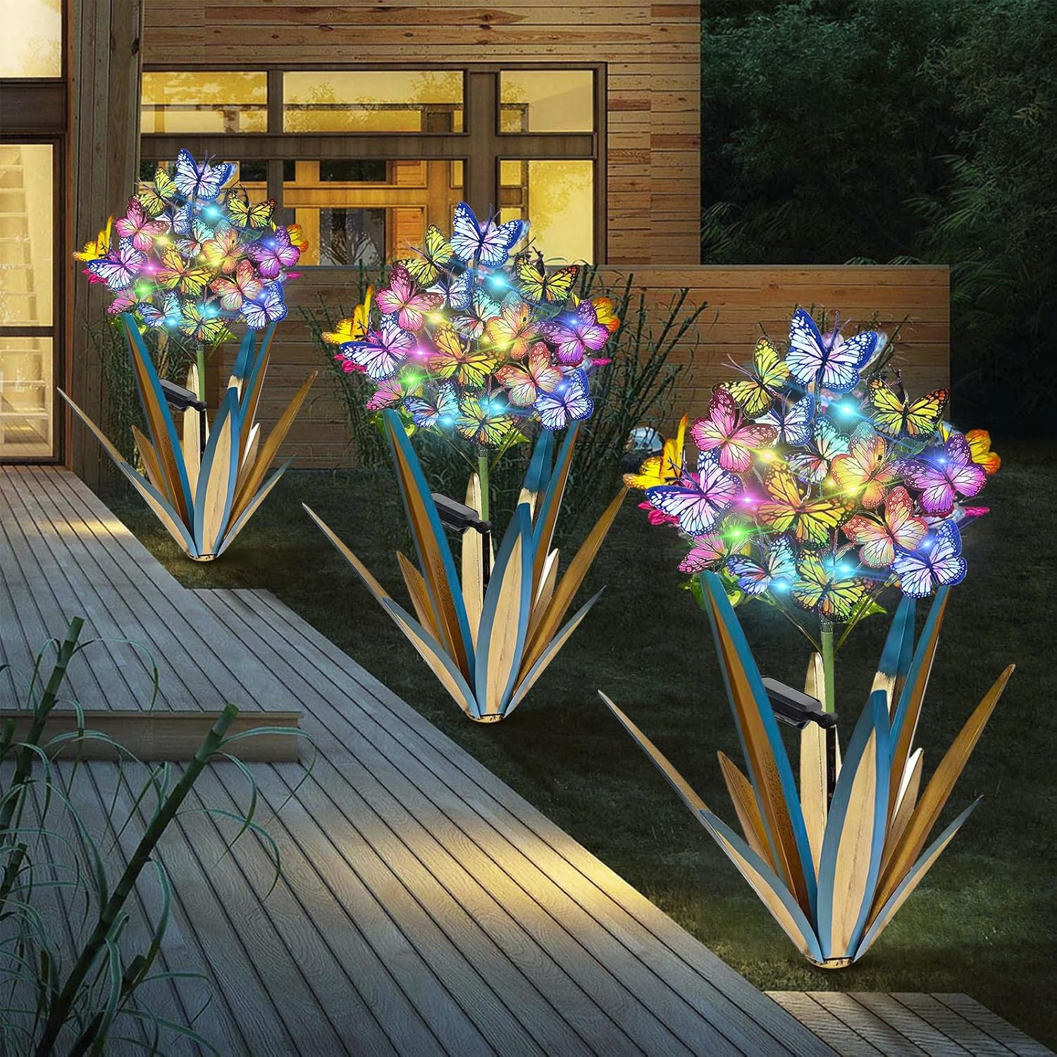 Solar Metal Agave Butterfly Garden Sculpture for Outdoor Christmas Decor