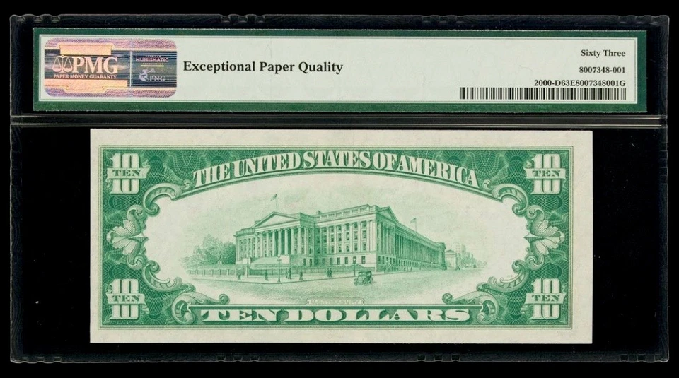 1928 $10 Federal Reserve Note Cleveland Numeric 4 PMG 63 EPQ Serial# D10155837A - Image 2 of 2