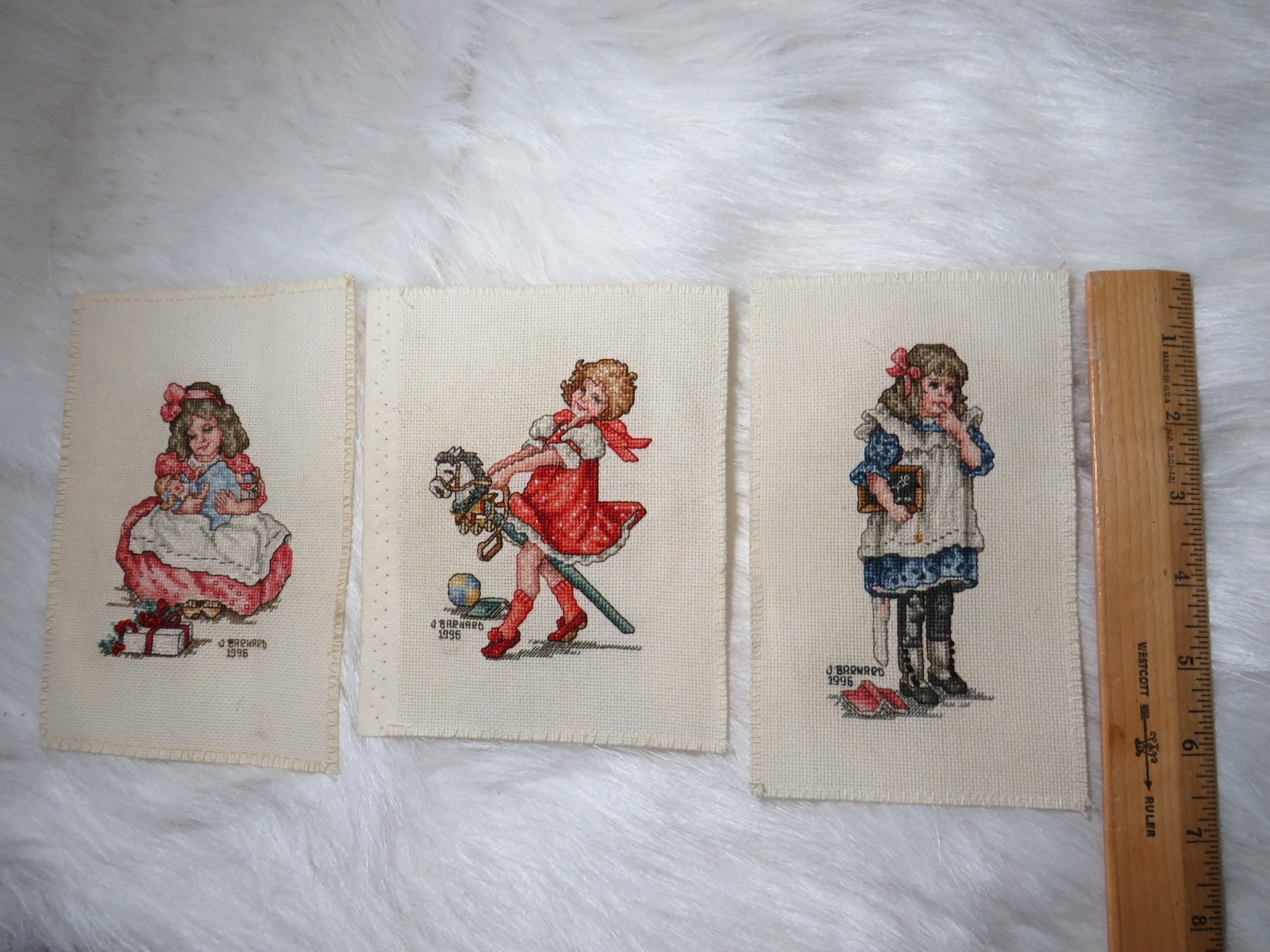 VINTAGE SET OF 3 COMPLETED CROSS STITCH MOTHER SCHOLAR GIRLS YESTERYEAR UNFRAMED