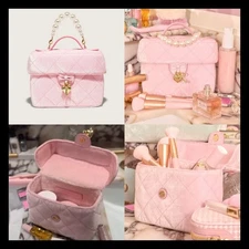 NWT Stoney Clover Lane Cherry on Top Pink Velvet Mini Vanity Case Heart Lock Key