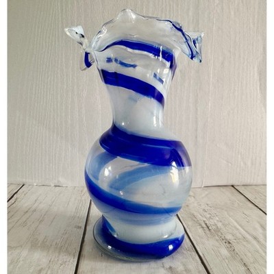 Art Glass Vase Blue White Swirl Ruffled Edge Home Decor Accent Smith's Old Timer