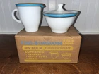 PYREX Vintage Turquoise Gold Banded Creamer & Sugar Set Milk Glass NIB