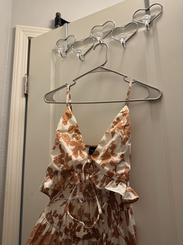 THE SANG Floral Maxi Dress S White/Brown V-Neck Sleeveless Cut Out Smocked