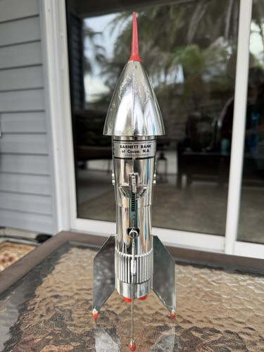 Vintage 1957 Astro MFG Metal Rocket Ship Bank Berzac Atomic Space Age FL USA
