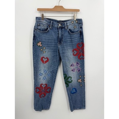 Lucky Brand Mid Rise Boy Jean Womens 8/29 Blue Embroidered Cross Stitch Floral