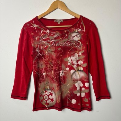 Vtg Y2K Blue Canyon Christmas Top Red Bedazzled Bling Holiday Festive Party M