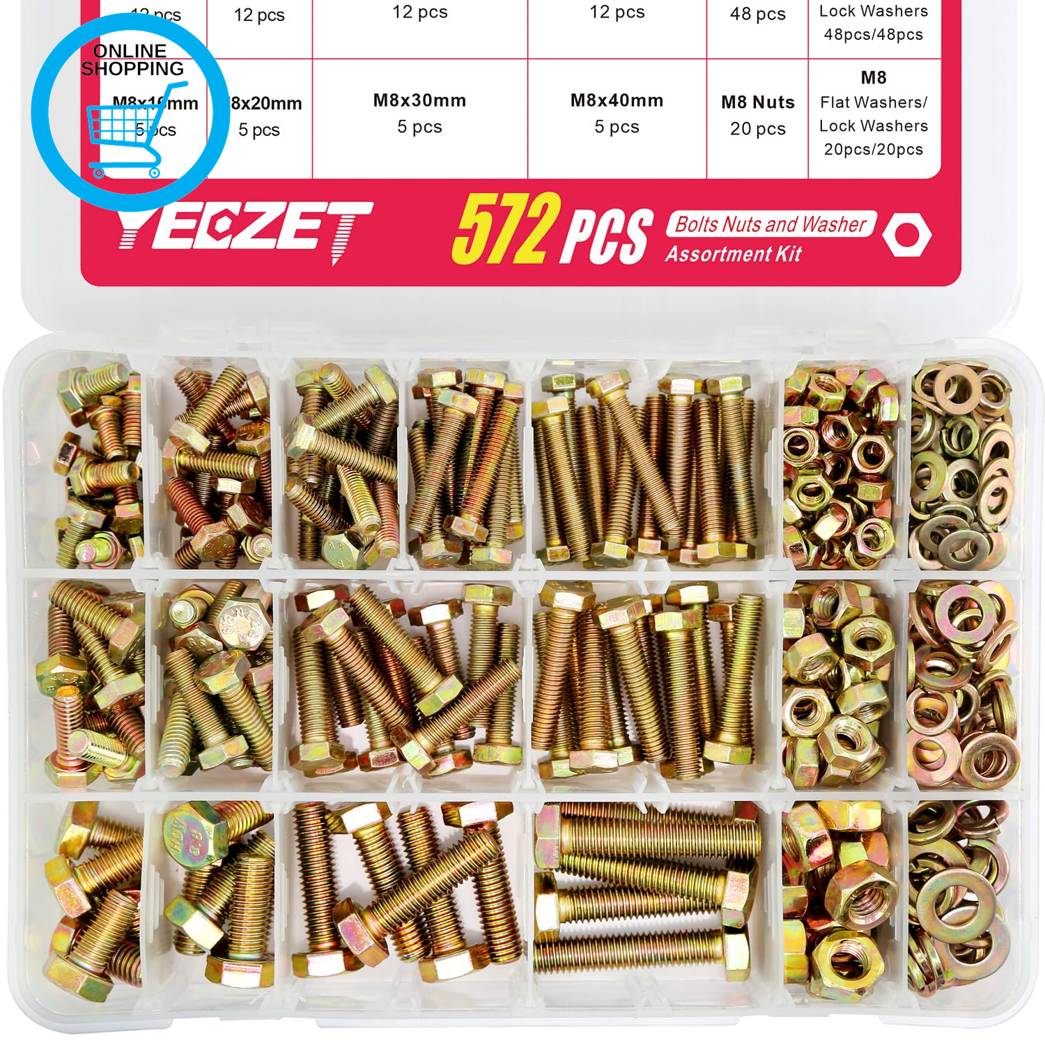 572Pcs Grade 8.8 Bolts and Nuts Kit,M5 M6 M8 Metric Heavy Duty Bolt Assortment S