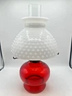 Vintage Ruby Red glass Hobnail Milk glass shade oil lamp