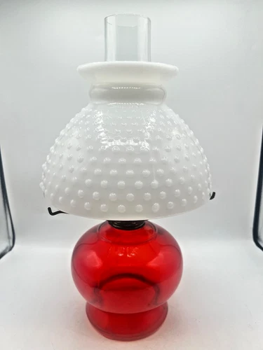 Vintage Ruby Red glass Hobnail Milk glass shade oil lamp