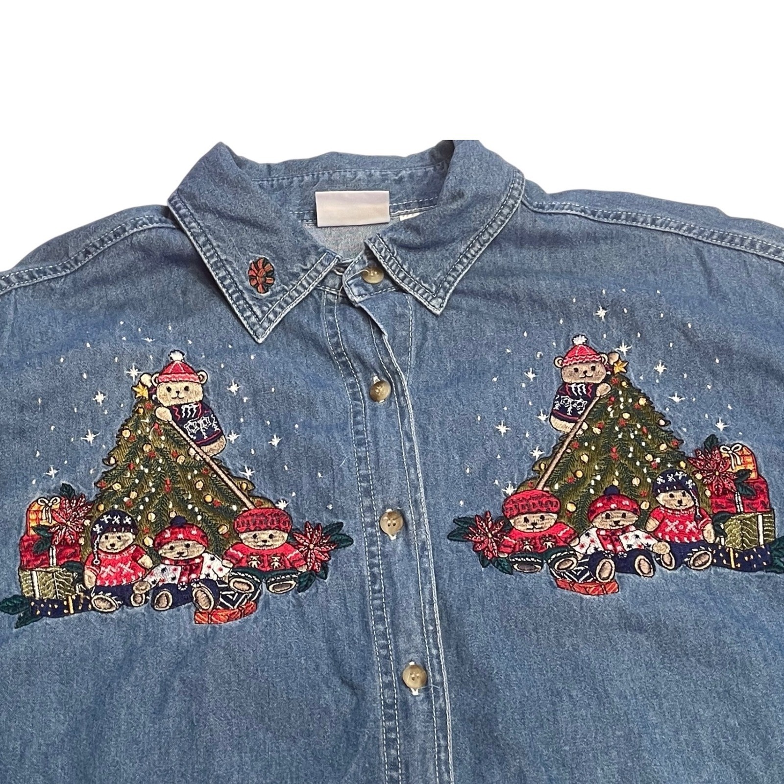 Vintage Denim Embroidered Bears 90s Christmas Shirt Bobbie Brooks Women Size XL