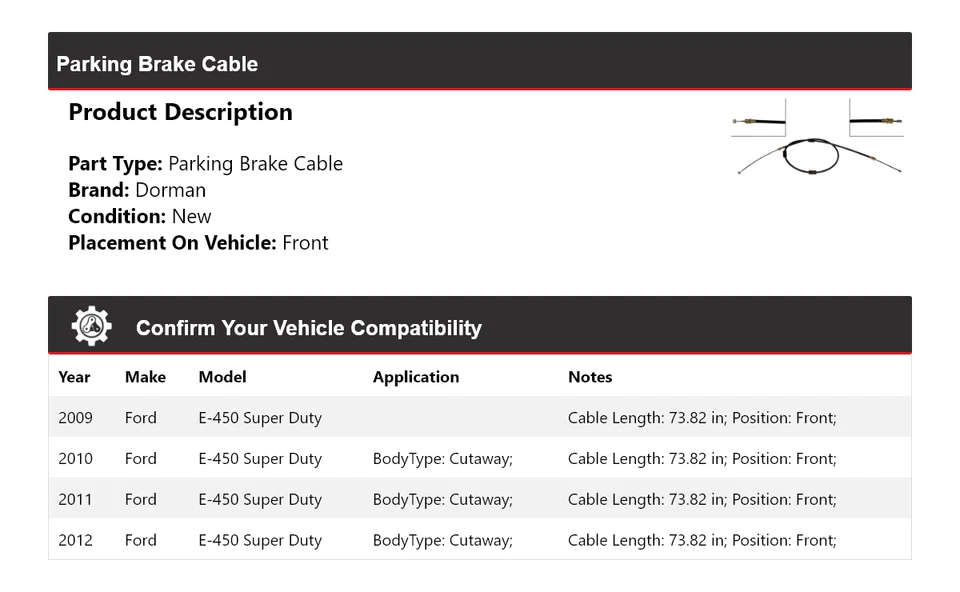 For 2009-2012 Ford E-450 Super Duty Dorman Parking Brake Cable Front 2010 2011 - Image 2 of 3