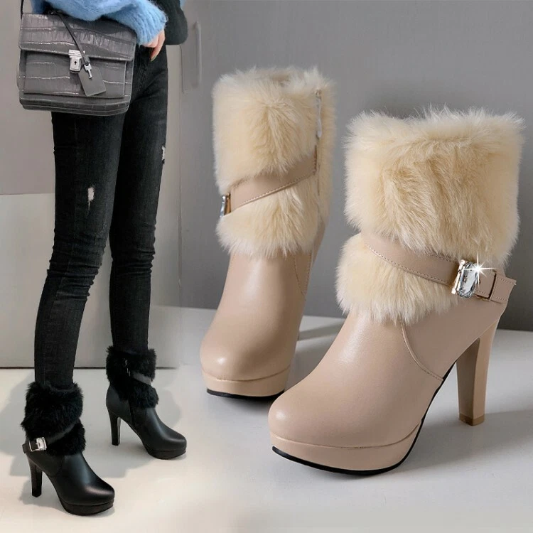 Women s Winter Fluffy Mid Calf Fashion Boots Warm Fur Trim High