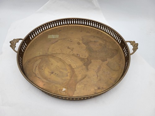 Vintage Brass Serving Tray w/ Handles 13"Dia Boho Cottagecore Decor Bar Dining