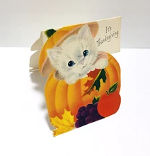 Vtg Norcross Thanksgiving Greeting Card Kitten Kitty 1940's Pumpkin Rare Unused