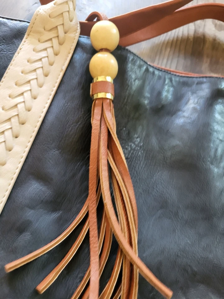 Bolso de Hombro Grande Big Buddha Negro Marrón Imitación Cuero Boho Forro Azteca Foto 4 de 4