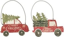 Red Farm Truck  Vintage Car Christmas Ornament Set, Rustic Holiday Farmhouse