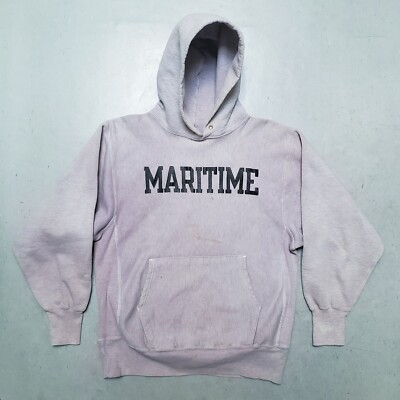 Vtg CHAMPION MARITIME Reverse Weave Sweatshirt Hoodie USN Navy Heather Gray  L