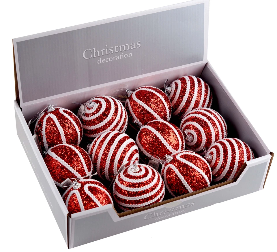 Christmas Tree Sequin Glitter Swirl Baubles Decorations - Red White - Set of 12