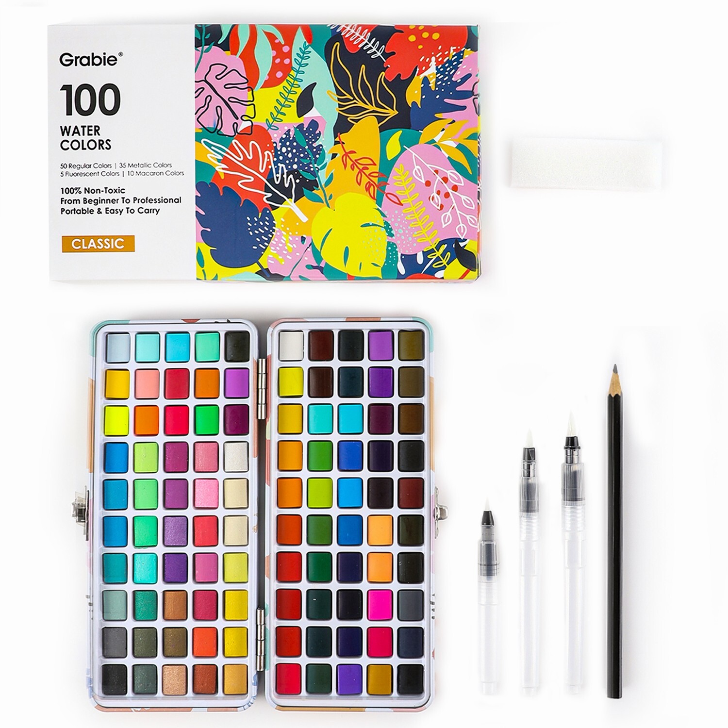 Grabie Watercolor Paint Set, 100 Colors, Watercolor Brush Pen And Tools Included