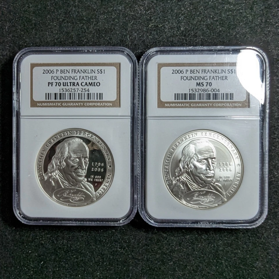 2 Coin Set 2006 P Ben Franklin $1 NGC PF 70 Ultra Cameo MS 70 Founding Father... - Image 2 of 4