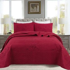 3 Piece Queen Size Embroidery Burgundy/Red Quilt Set Cozy Bedspread Set