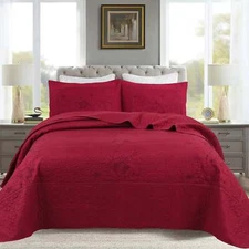 3 Piece Queen Size Embroidery Burgundy/Red Quilt Set Cozy Bedspread Set 