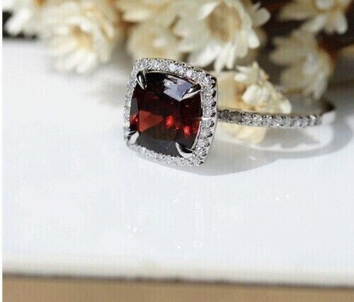 3.20 CTW Cushion Cut Natural Red Garnet Halo Wedding Ring 14K White Gold Plated - Picture 4 of 12