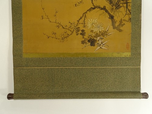 IK837 Japanese Ink Scroll with Plum, Orchid & Chrysanthemum Painting - Picture 10 of 15